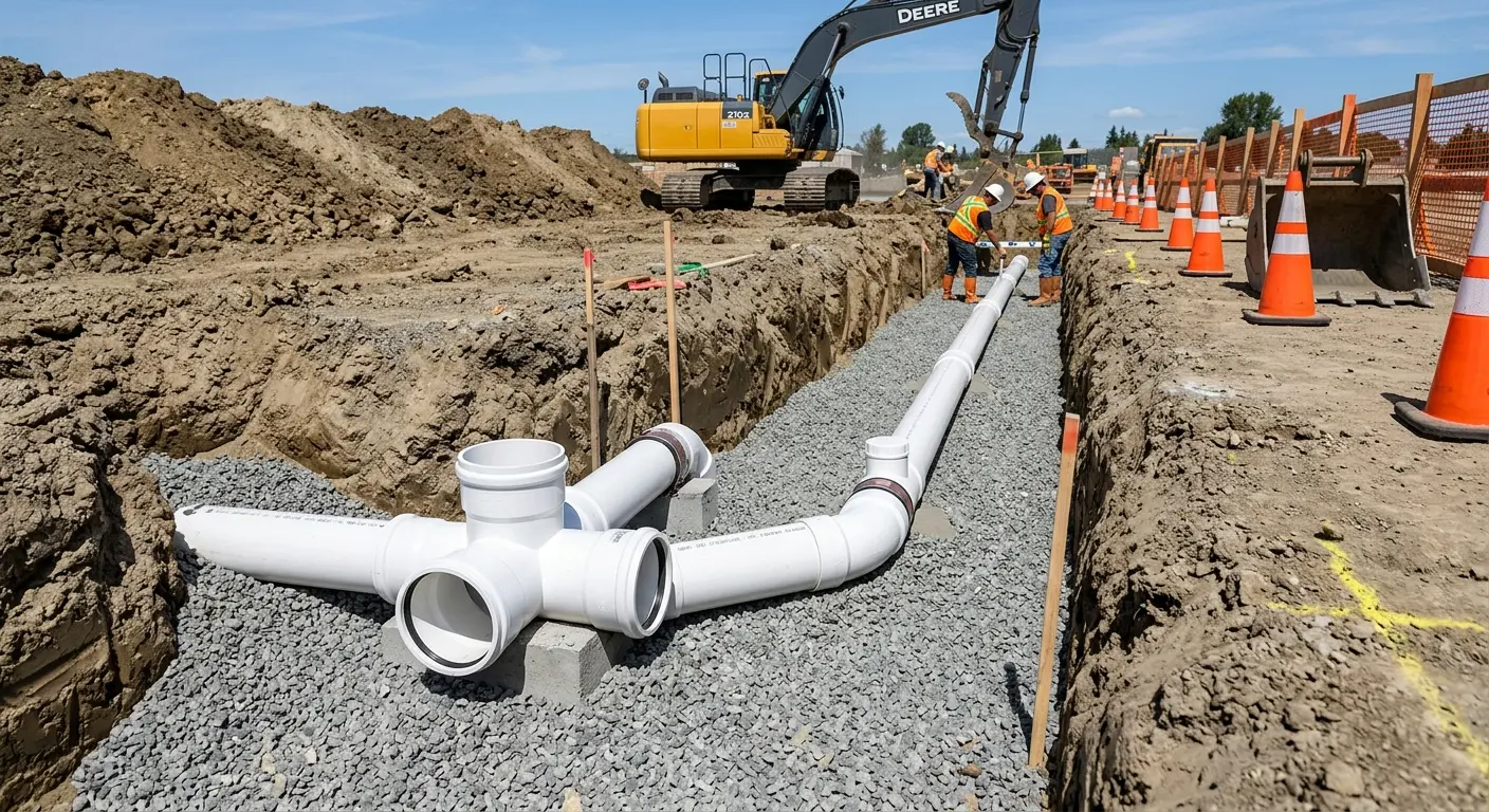 New PVC sewer pipe installation in open trench for Sewer Backup in Oshkosh