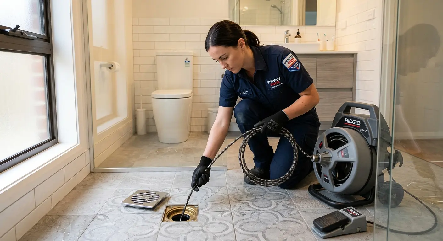 Technician clearing a bathroom floor drain for Drain Cleaning in Oshkosh